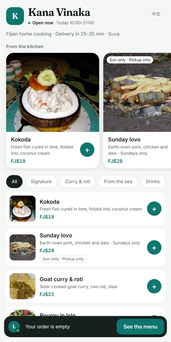 A sample eatery website on a phone: signature dishes, menu and order bar